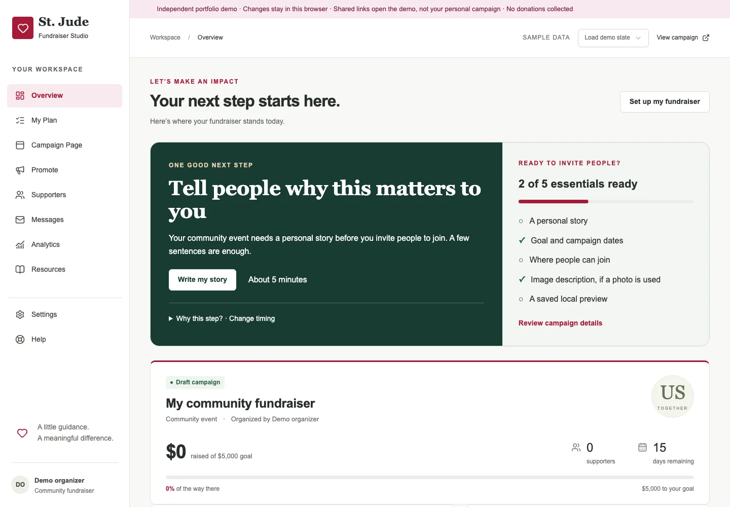 Fundraiser Studio dashboard prioritizing a personal story and campaign-readiness checklist.