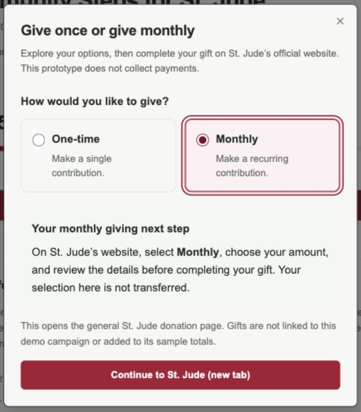 Giving dialog explaining one-time and monthly choices before opening the official donation site.