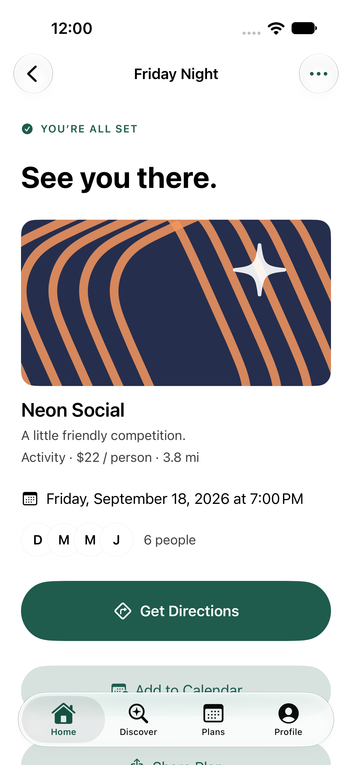 Confirmed Gather plan for Neon Social with directions and calendar actions
