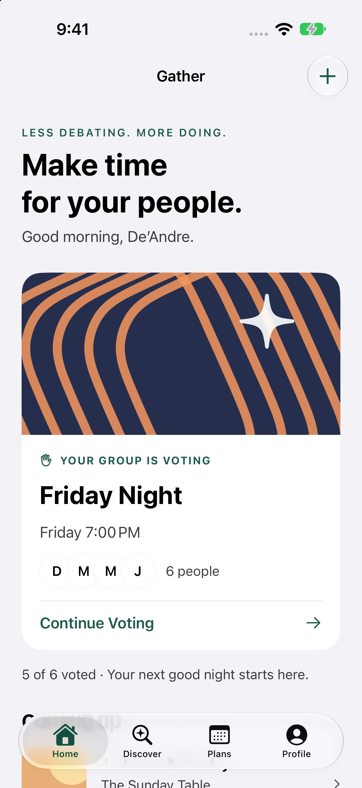 Gather Home shows an active Friday Night plan and a clear Continue Voting action