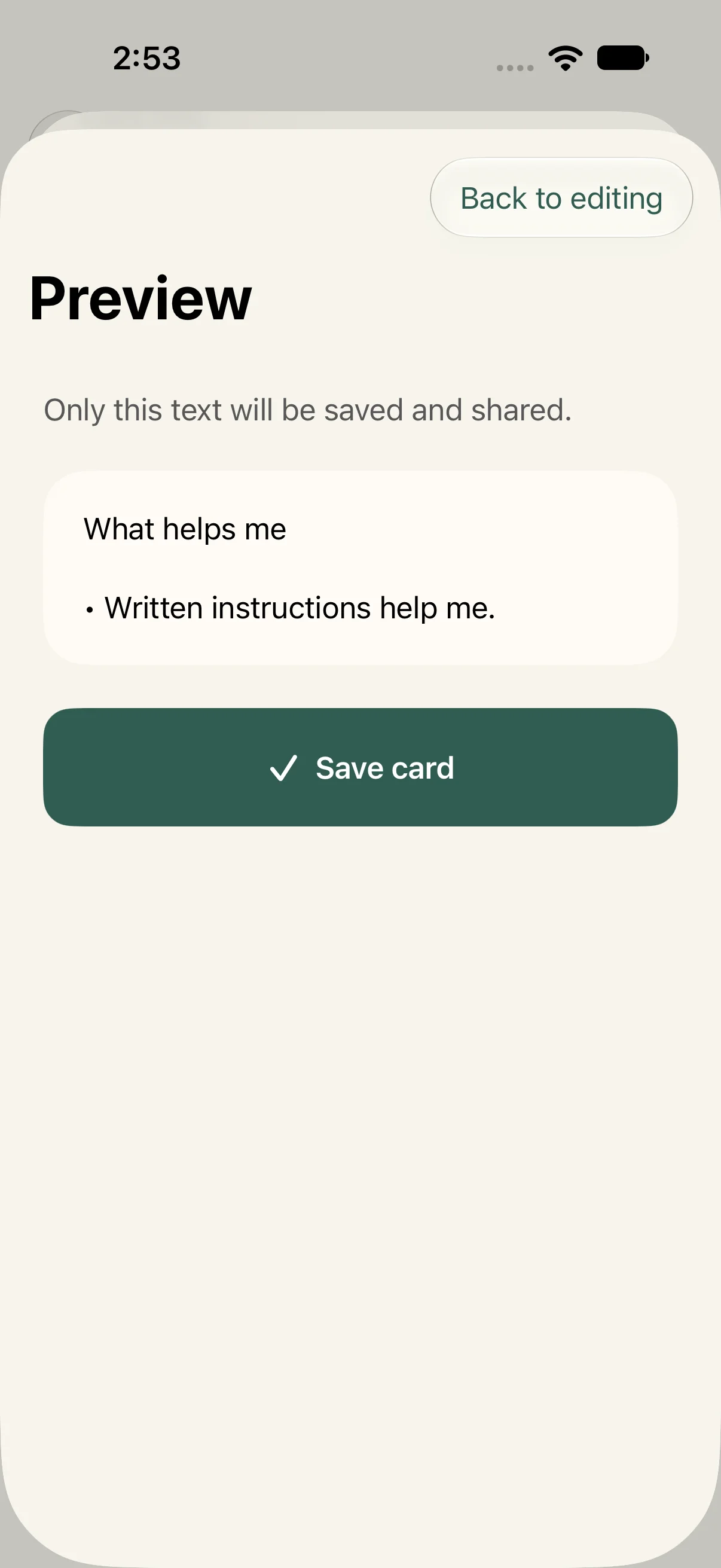 Support-card preview: selected statements remain visible before sharing.