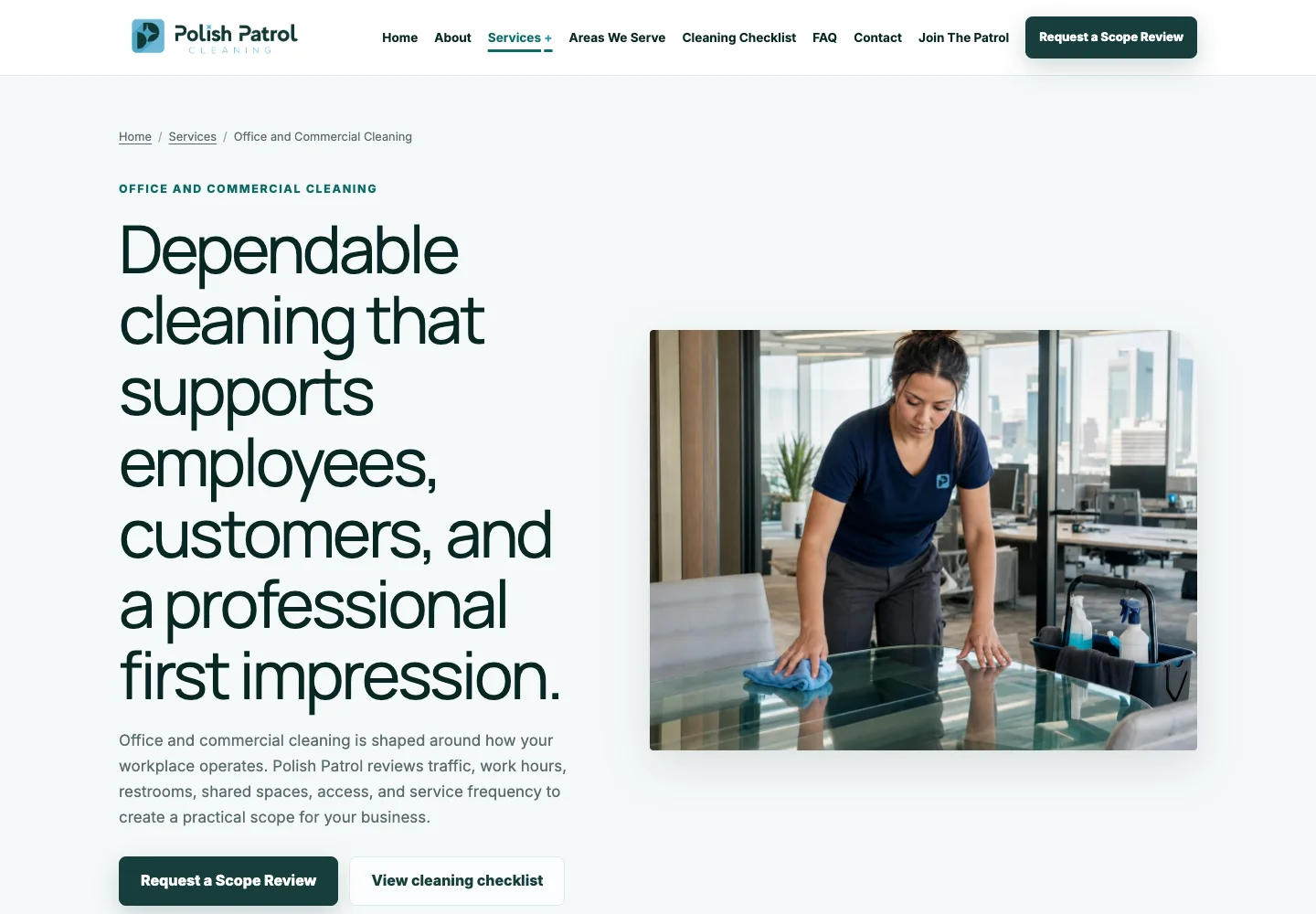 Commercial cleaning page with a dedicated scope-review action
