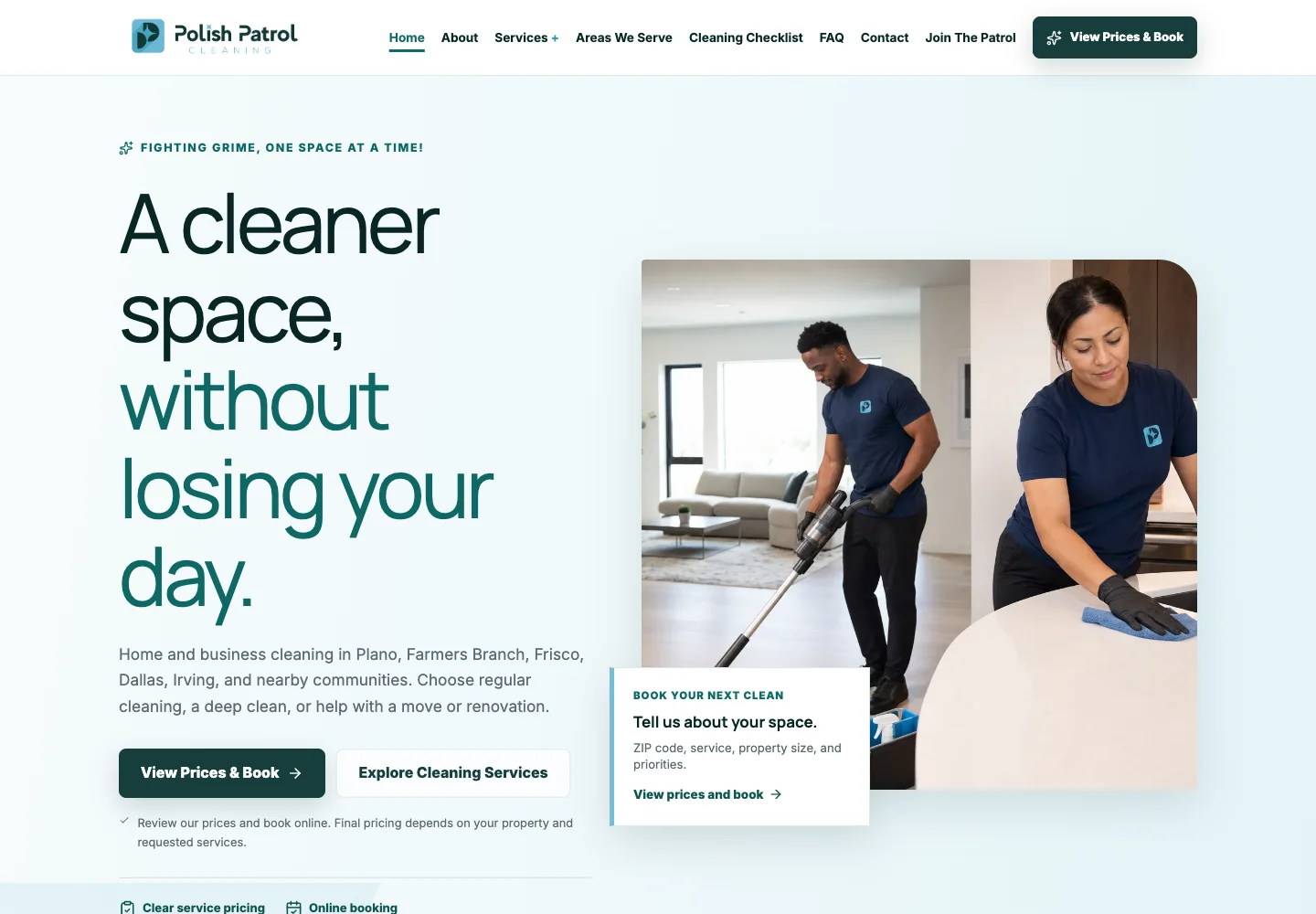 Polish Patrol homepage with service introduction, pricing and booking actions