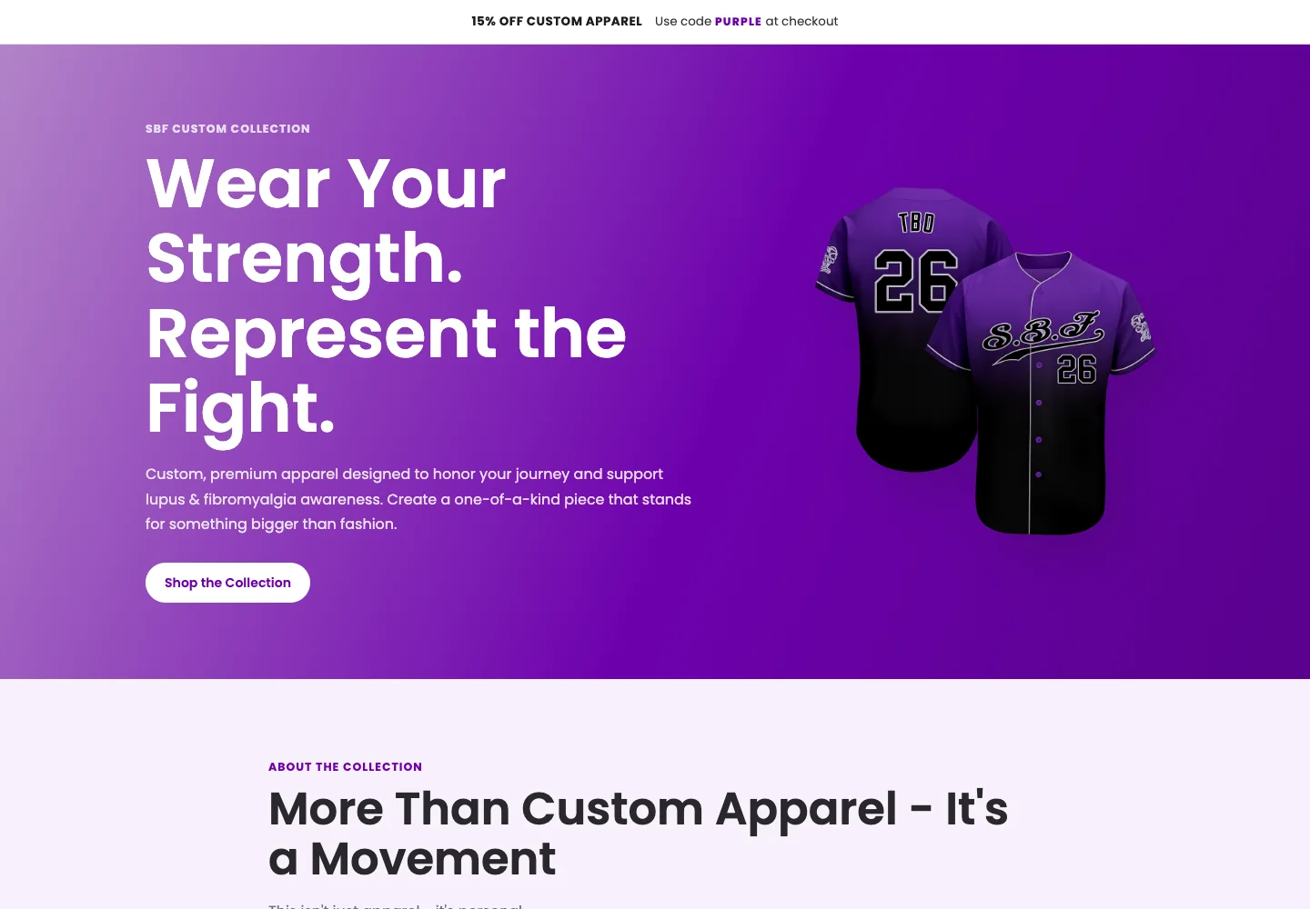 SBF apparel design with a purple hero and custom jacket