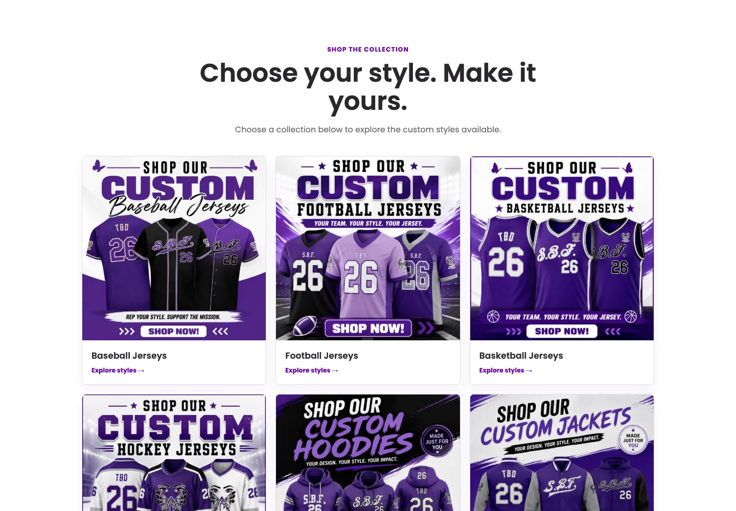 SBF collection category cards showing clothing types and product imagery