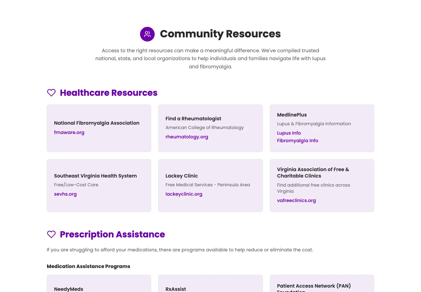 Resource Center showing assistance categories and organization cards